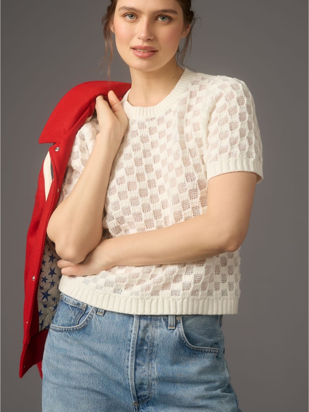 Anthropologie Ivory Short-Sleeve Textured Sweater Tee